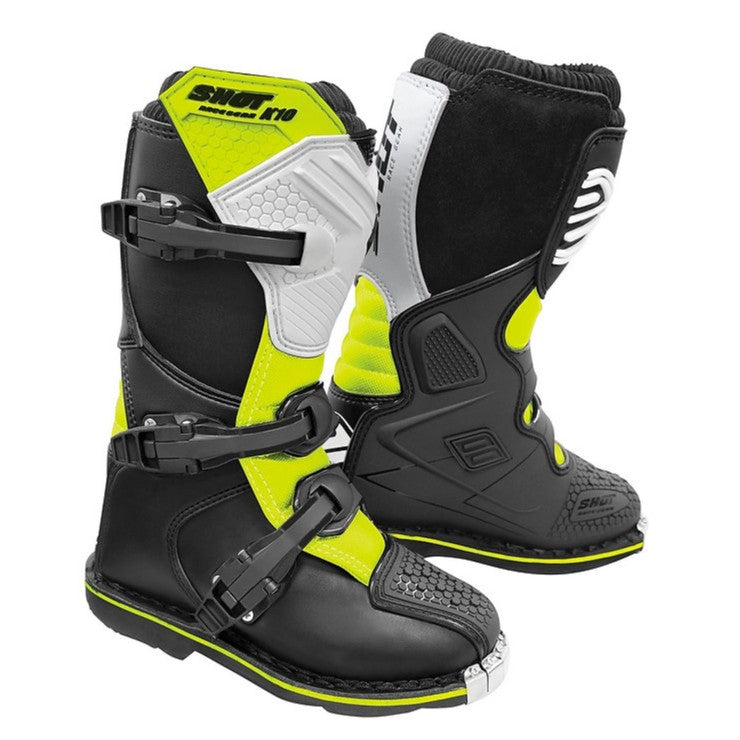 Shot K10 2.0 Kids MX Boots Black / White / Neon Yellow - FREE UK Shipping, FREE 365 Day Returns | Moto Central