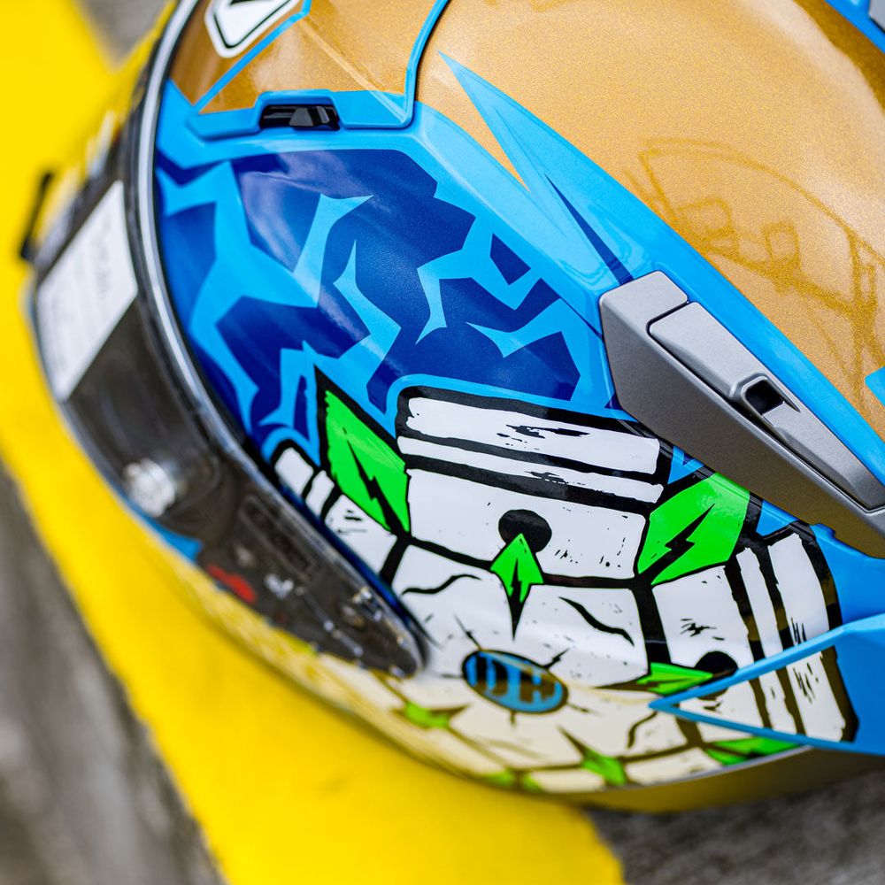 shoei cx1v helmet yellow arrow blue stars Shoei X-SPR Pro Harrison TC2 Blue
