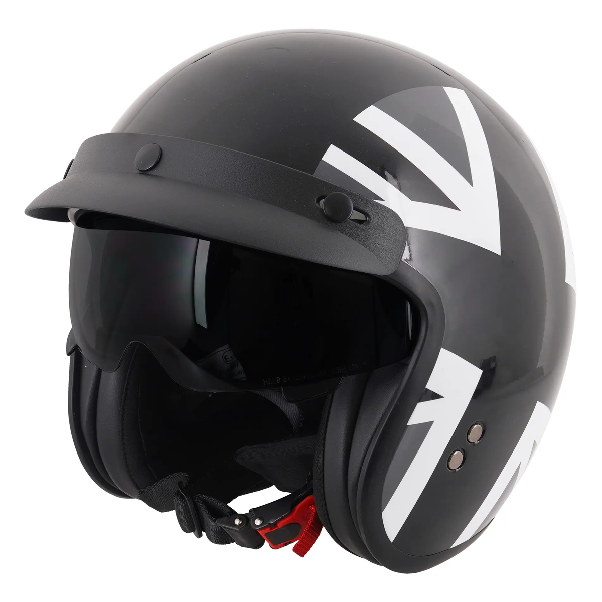 Stealth HS391 With Peak Mono Jack open-face motorcycle helmet, visor-down left-side view