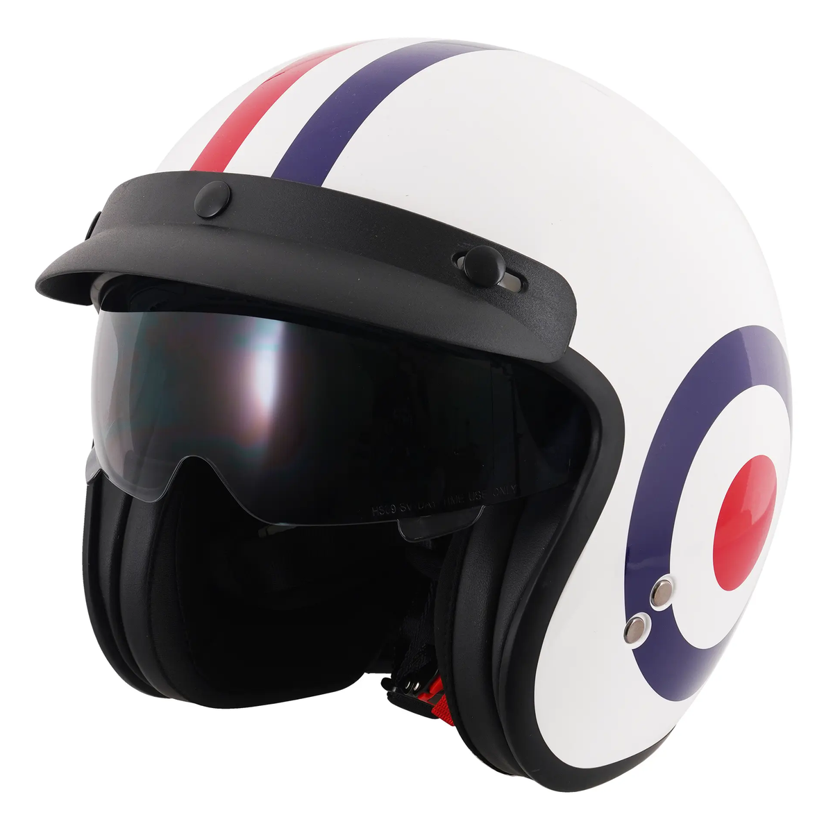 Stealth HS391 With Peak Roundel open-face motorcycle helmet, visor-down left-side view