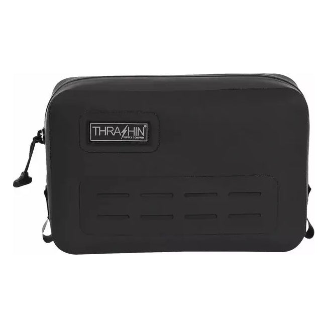 Thrashin Supply Company Waterproof Handlebar Bag Black – motorcycle handlebar bag – three-quarter view