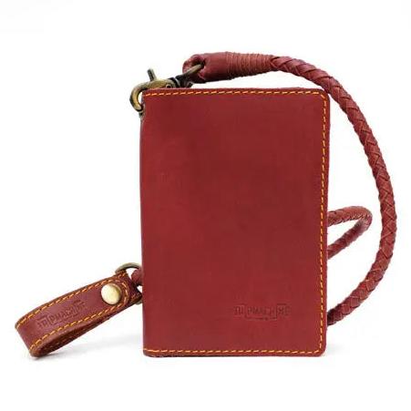 Trip Machine Explorer Wallet Cherry Red — front view with braided lanyard