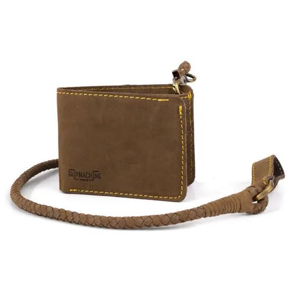 Trip Machine Guitarists Wallet Tobacco front closed view with braided lanyard