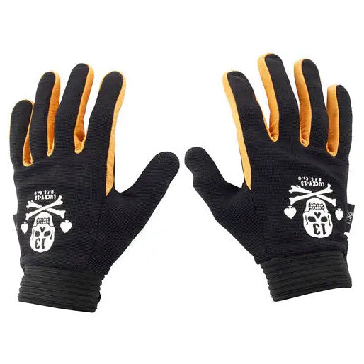 Lucky 13 Pirate Skull Leather & Textile Gloves Black / Yellow — back-of-hand pair view