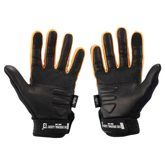 Lucky 13 Pirate Skull Leather & Textile Gloves Black / Yellow — palm pair view