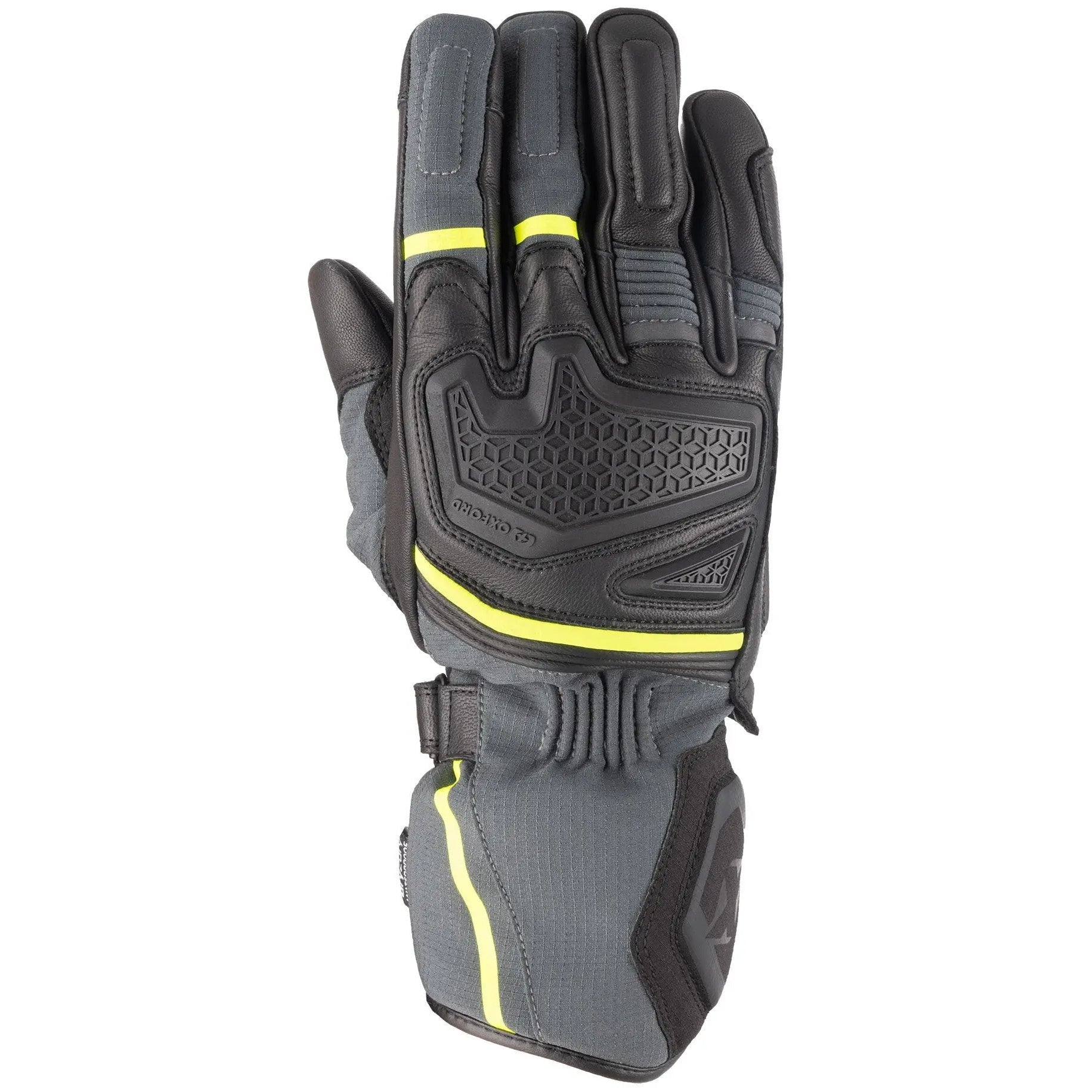 Oxford Vancouver 2.0 D2D Leather & Textile Gloves Black / Green / Yellow back-of-hand view