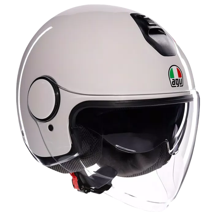 AGV Eteres Mono Pearl White open-face motorcycle helmet, left-front three-quarter view