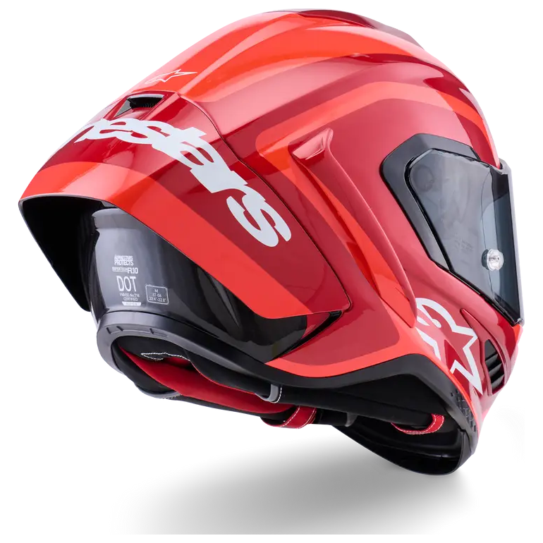 Alpinestars Supertech R10 Arius ECE 06 Gloss Black / White / Double Red motorcycle helmet, rear three-quarter view