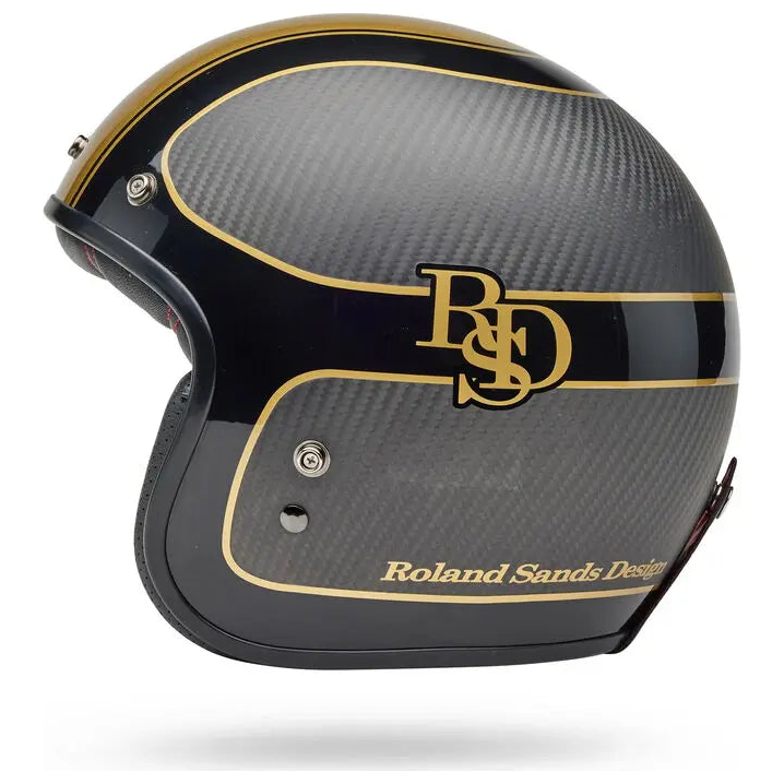 Bell Custom 500 Carbon RSD Player ECE 22.06 Black / Gold open-face motorcycle helmet, right side profile view