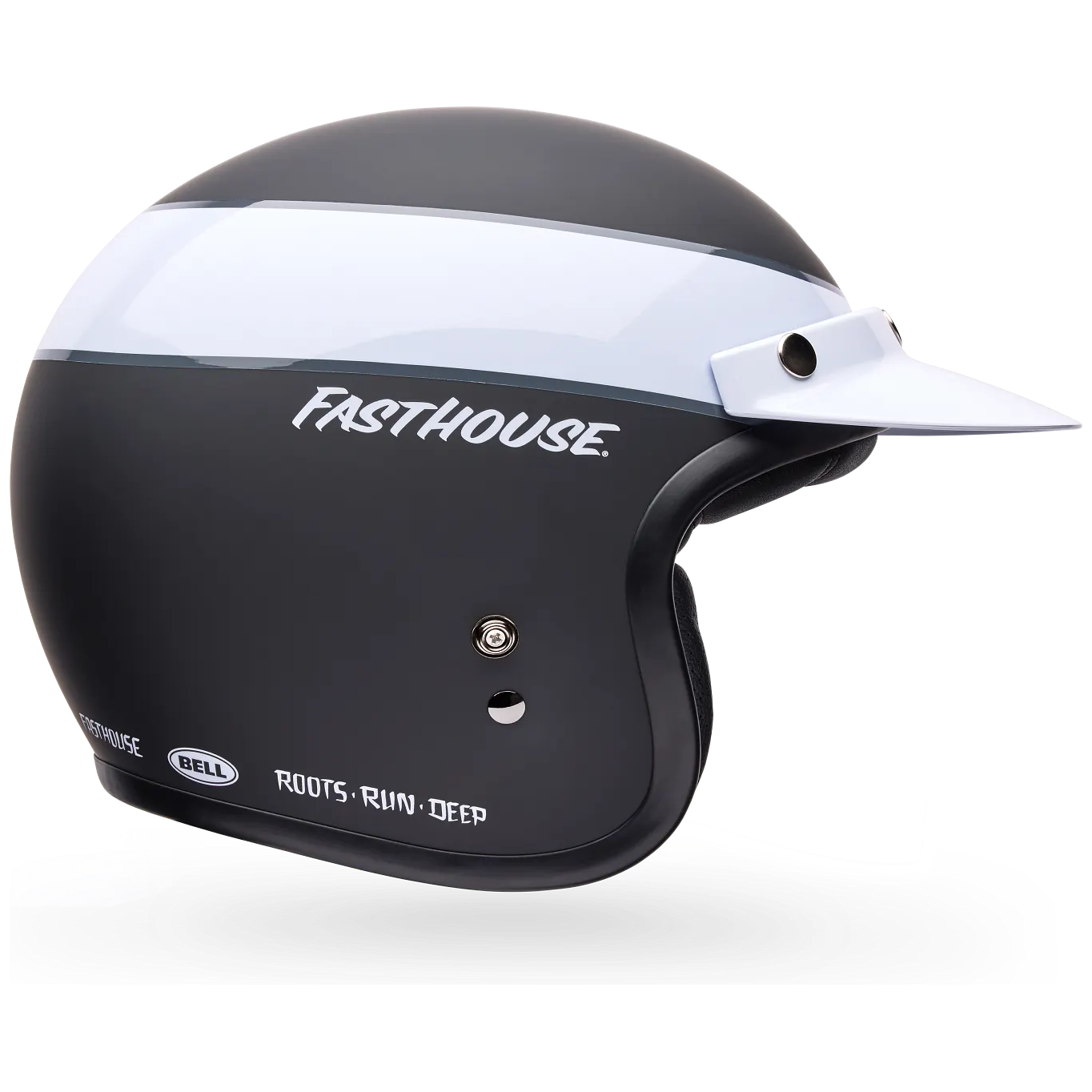Bell Custom 500 Fasthouse LE ECE 22.06 Black open-face motorcycle helmet, side profile view