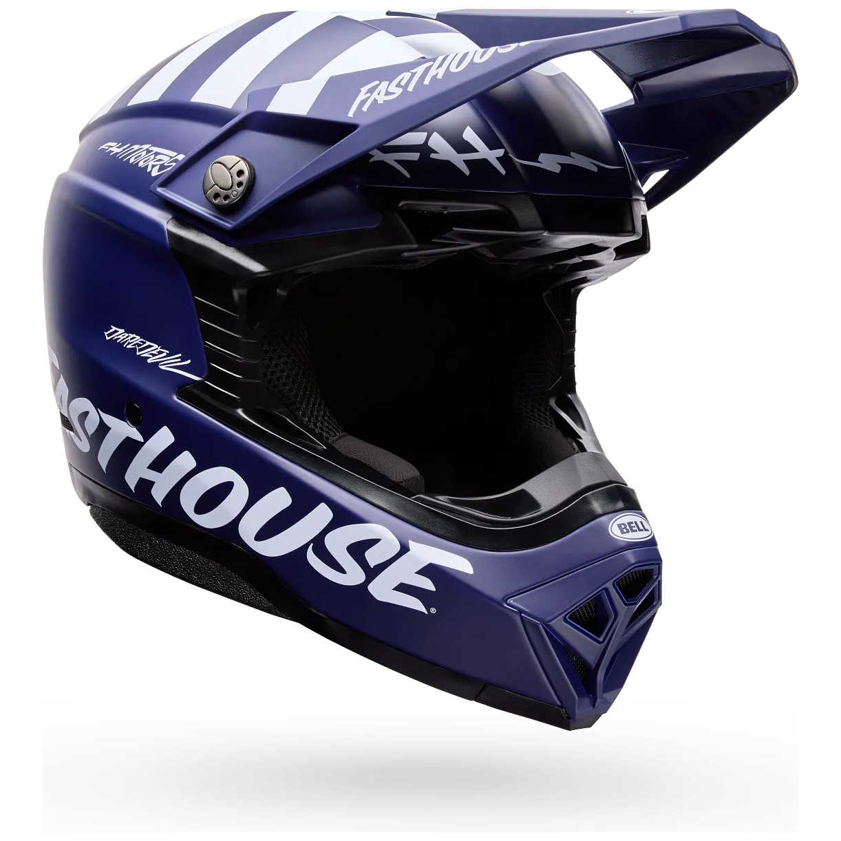 Bell Moto-10 MIPS Fasthouse ECE 22.06 Navy motocross helmet, front three-quarter view