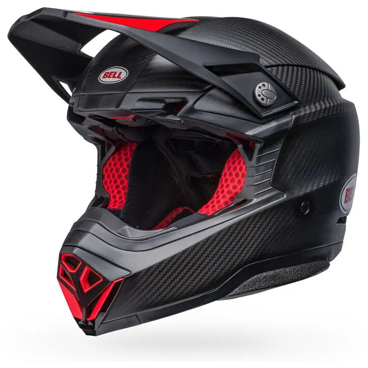 Bell Moto-10 Spherical ECE 22.06 Satin Gloss Black / Red motocross helmet, opposite front three-quarter view