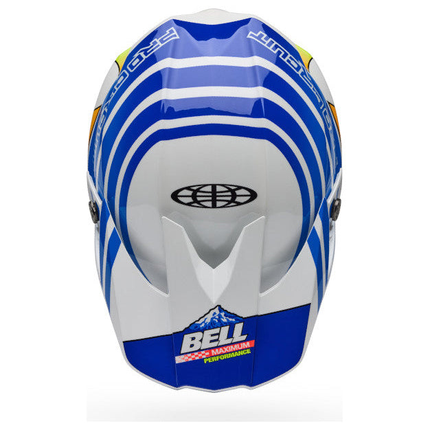 Bell Moto-10 Spherical PC ECE 22.06 Gloss Blue / White motocross helmet, top view