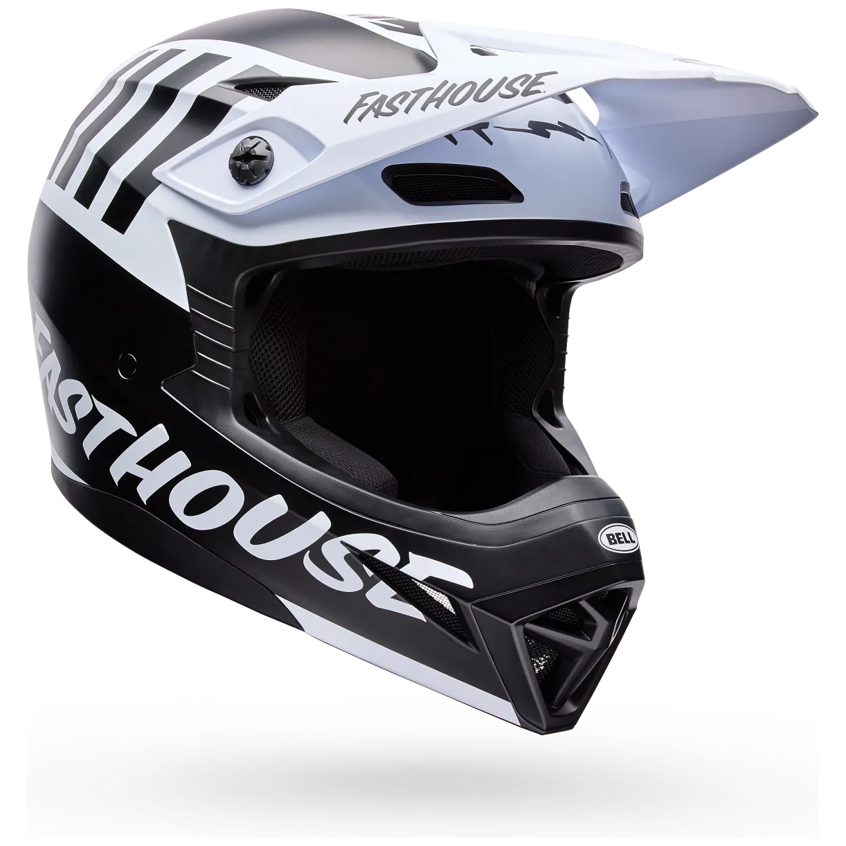 Bell MX-10 MIPS Fasthouse Youth ECE 22.06 Black / White motocross helmet, front three-quarter view