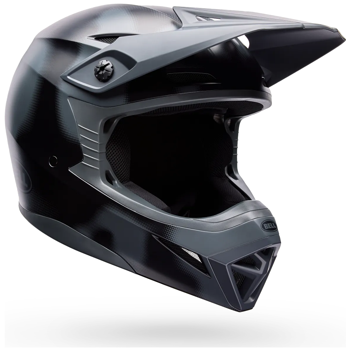 Bell MX-10 MIPS Youth ECE 22.06 Black Camo motocross helmet, front three-quarter view