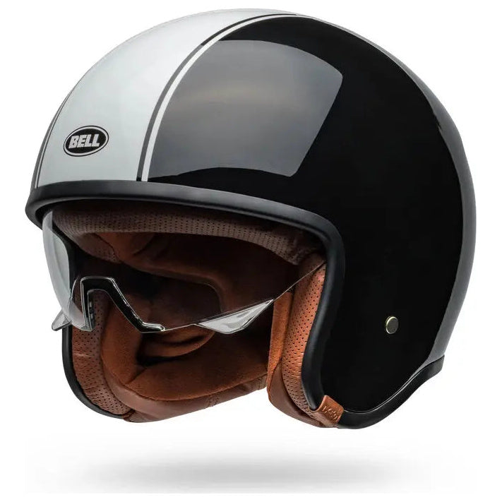 Bell TX-501 Rally ECE 22.06 Black / White open-face motorcycle helmet, front-right three-quarter view