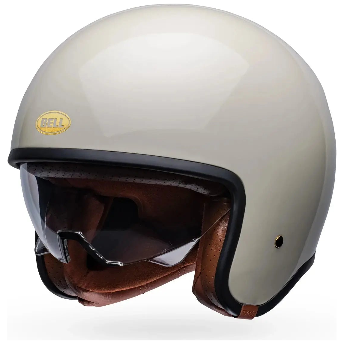 Bell TX-501 Solid ECE 22.06 Vintage White open-face motorcycle helmet, opposite front three-quarter with visor view