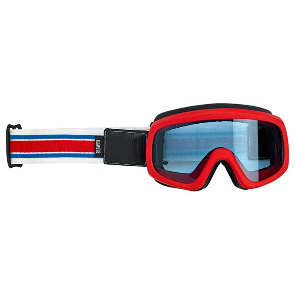 Biltwell Overland 2.0 Racer Goggles Red / White / Blue, motocross goggles with strap extended, rear view