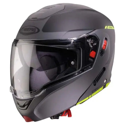 Caberg Horus X Ray Black / Grey / Fluo Yellow flip-up motorcycle helmet, front-left view with chin bar closed