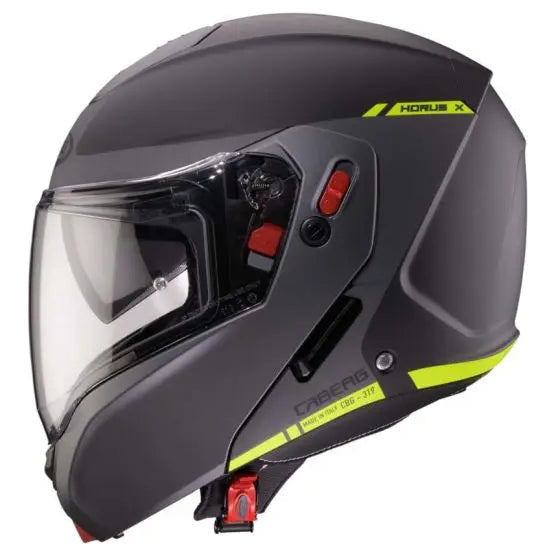 Caberg Horus X Ray Black / Grey / Fluo Yellow flip-up motorcycle helmet, front-right view with chin bar closed