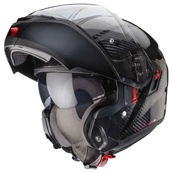 Caberg Levo X Carbon Black motorcycle helmet, chin bar raised view