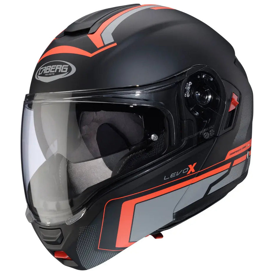Caberg Levo X Elite Matt Black / Grey / Fluo Red flip-up motorcycle helmet, front-left view with chin bar closed