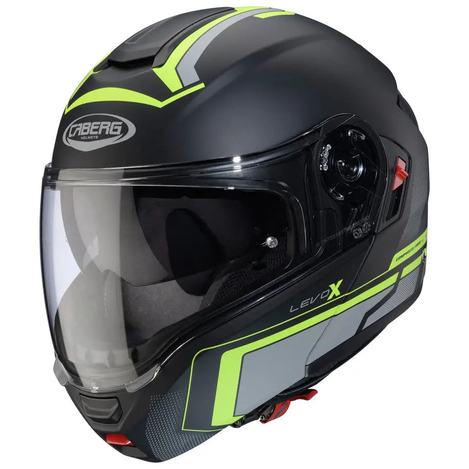 Caberg Levo X Elite Matt Black / Grey / Fluo Yellow flip-up motorcycle helmet, front-left view with chin bar closed