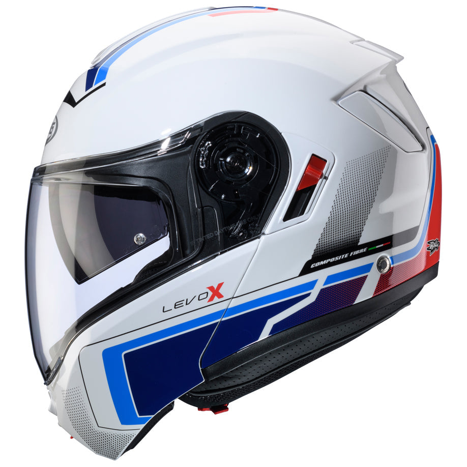 Caberg Levo X Elite White / Red / Blue / Light Blue flip-up motorcycle helmet, front-right view with chin bar closed