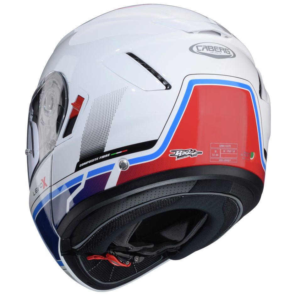 Caberg Levo X Elite White / Red / Blue / Light Blue flip-up motorcycle helmet, rear-right view