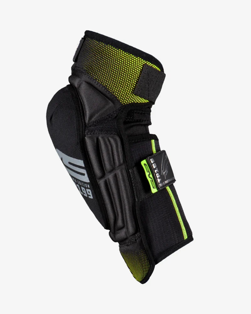 EVS TP199 Youth knee guard in black and hi-viz yellow, left profile