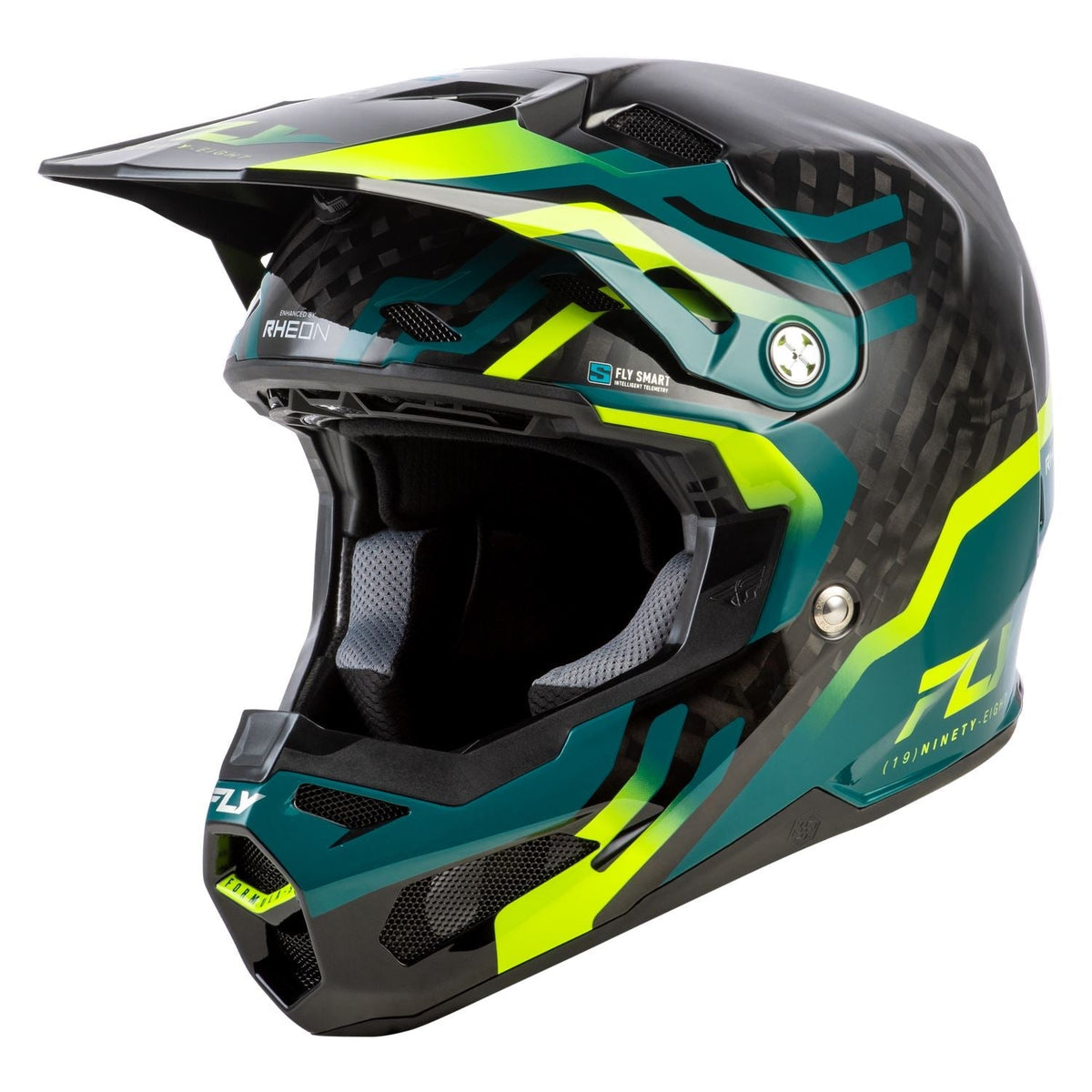 Fly Racing Formula S Byte Carbon Black Carbon / Teal / Lime helmet – left-side view