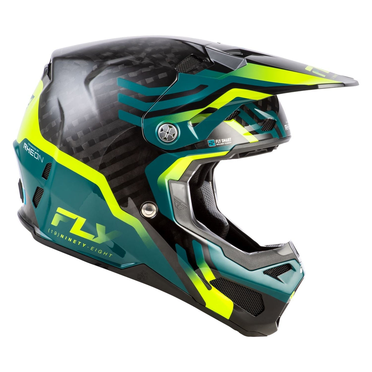 Fly Racing Formula S Byte Carbon Black Carbon / Teal / Lime helmet – right-side view