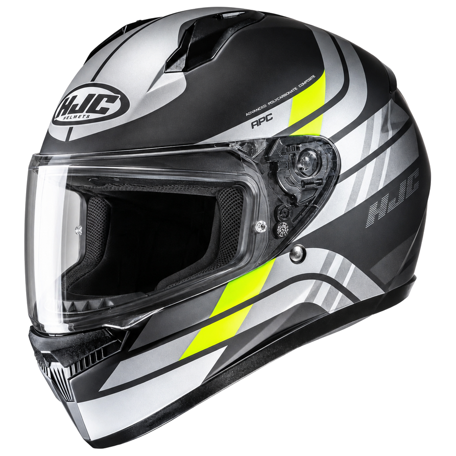 HJC C10 Hiper MC3HSF Yellow full-face motorcycle helmet, side view on white background