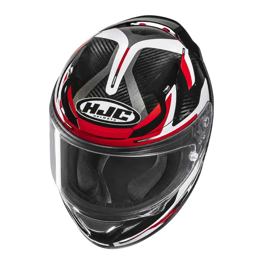 HJC RPHA 12 Carbon Xentra MC1 Red, alternate full-face motorcycle helmet angle on white background