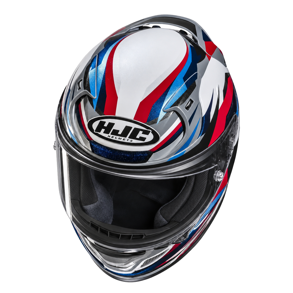 HJC RPHA 12 Dravix MC21 White / Blue / Red, alternate full-face motorcycle helmet angle on white background