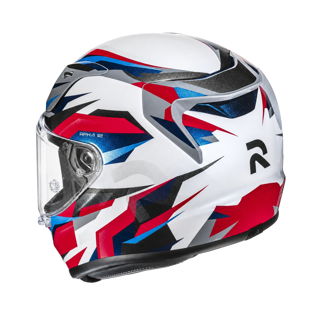 HJC RPHA 12 Dravix MC21 White / Blue / Red, alternate full-face motorcycle helmet angle on white background
