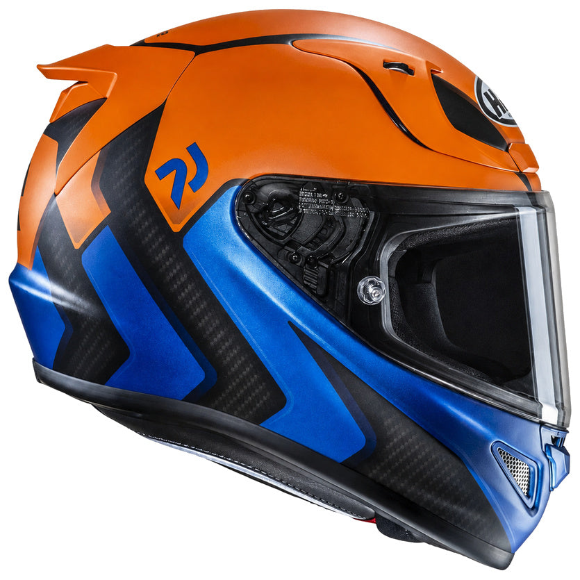 HJC RPHA 12 Kos MC27SF Blue / Orange, alternate full-face motorcycle helmet angle on white background