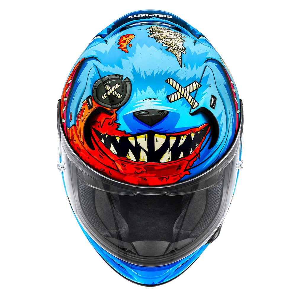 HJC RPHA 12 Mister Peeks Call Of Duty MC21SF White / Blue / Red, alternate full-face motorcycle helmet angle on white background