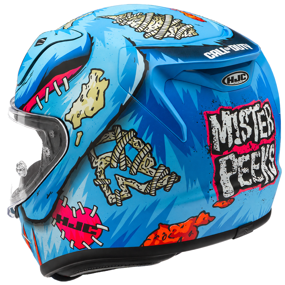 HJC RPHA 12 Mister Peeks Call Of Duty MC21SF White / Blue / Red, alternate full-face motorcycle helmet angle on white background