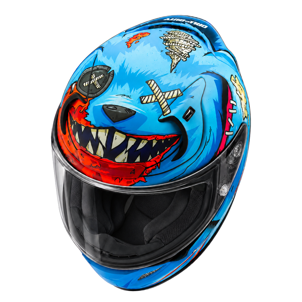 HJC RPHA 12 Mister Peeks Call Of Duty MC21SF White / Blue / Red, alternate full-face motorcycle helmet angle on white background