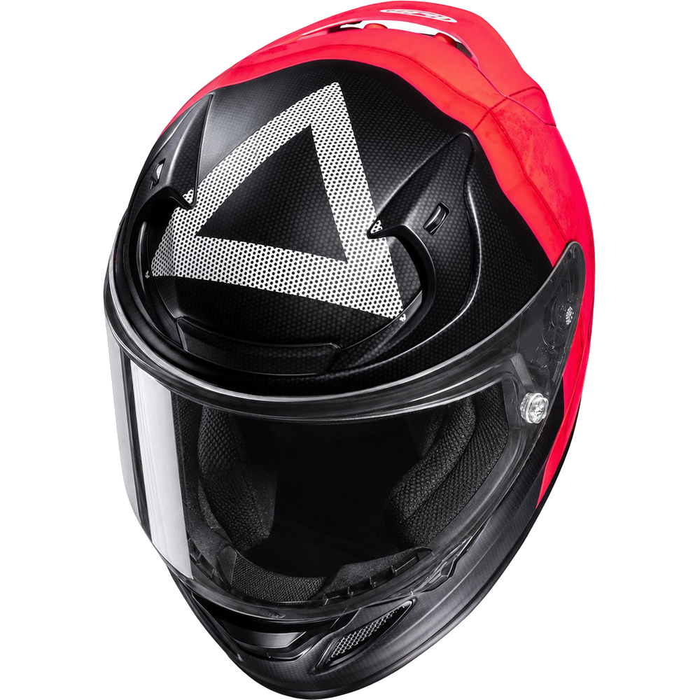 HJC RPHA 12 Squid Game MC1SF Red, alternate full-face motorcycle helmet angle on white background