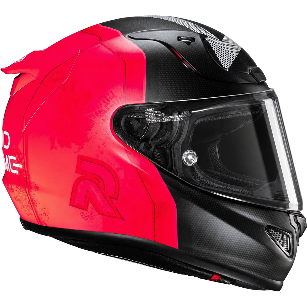 HJC RPHA 12 Squid Game MC1SF Red, alternate full-face motorcycle helmet angle on white background