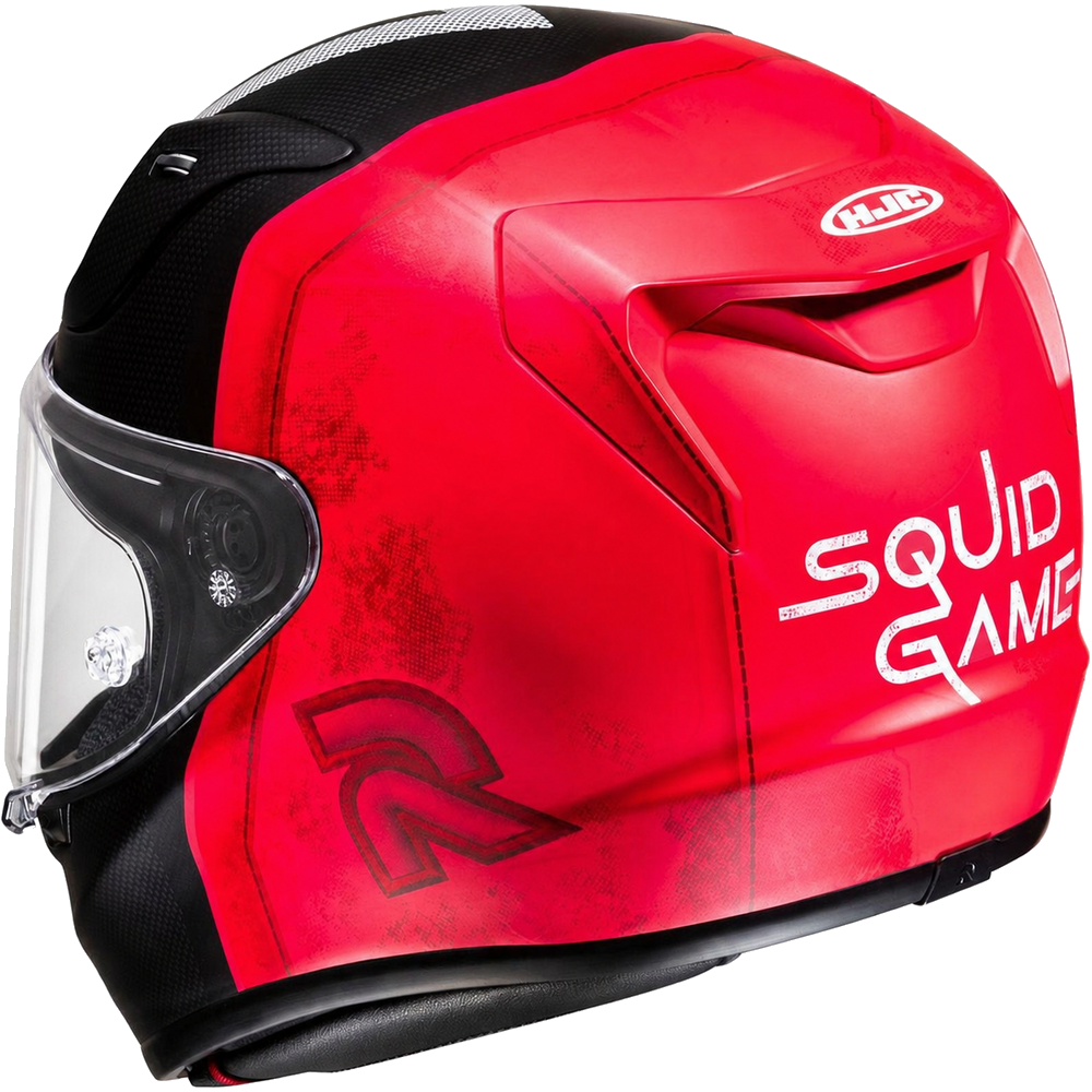 HJC RPHA 12 Squid Game MC1SF Red, alternate full-face motorcycle helmet angle on white background