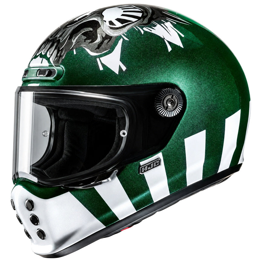 HJC V10 Crania MC4 Green, retro full-face motorcycle helmet product view on white background