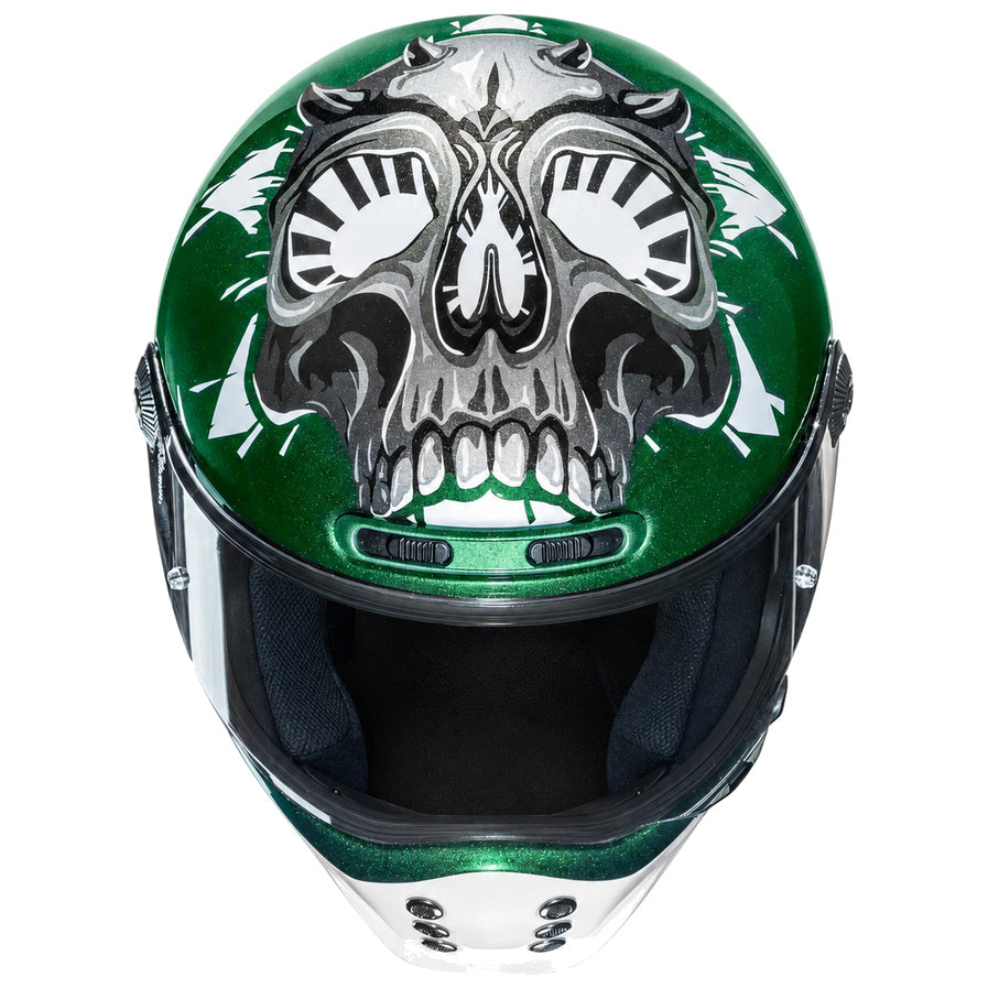 HJC V10 Crania MC4 Green, alternate retro full-face motorcycle helmet angle on white background
