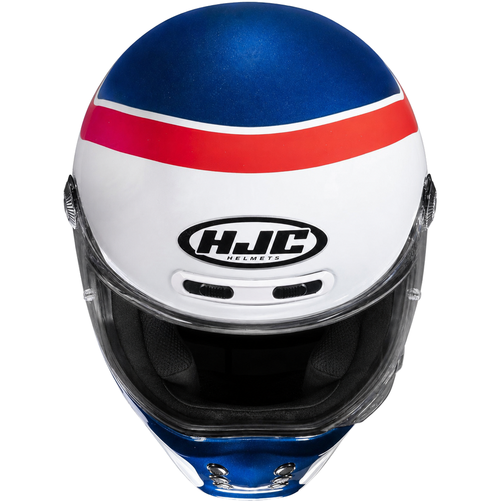 HJC V10 Grape MC21 White / Red / Blue Full Face Motorcycle Helmet, alternate retro full-face motorcycle helmet angle on white background