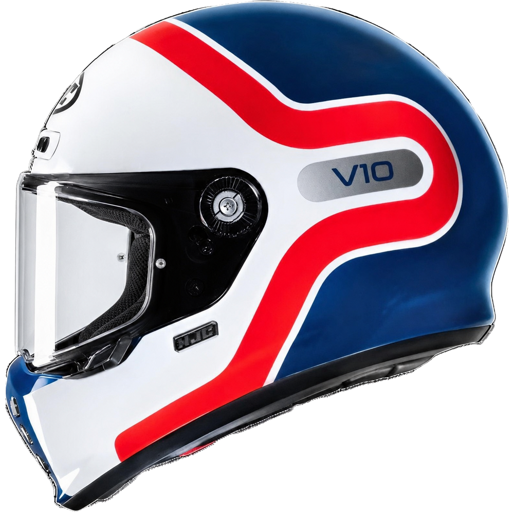 HJC V10 Grape MC21 White / Red / Blue Full Face Motorcycle Helmet, alternate retro full-face motorcycle helmet angle on white background