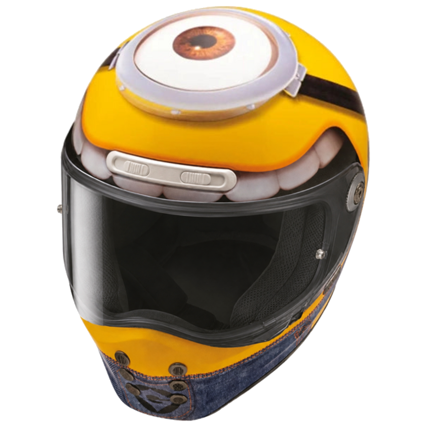 HJC V10 Stuart Minions MC3 Yellow full-face motorcycle helmet, front three-quarter view