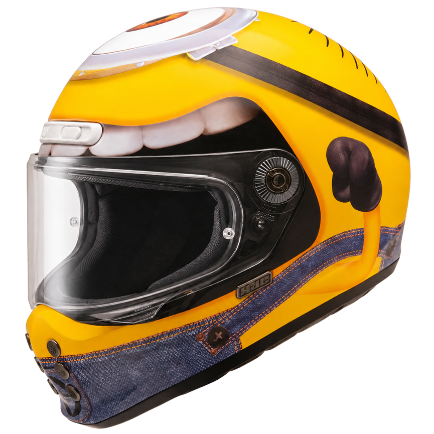 HJC V10 Stuart Minions MC3 Yellow full-face motorcycle helmet, left side view