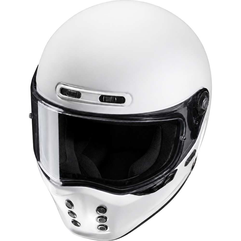 HJC V10 White, alternate retro full-face motorcycle helmet angle on white background
